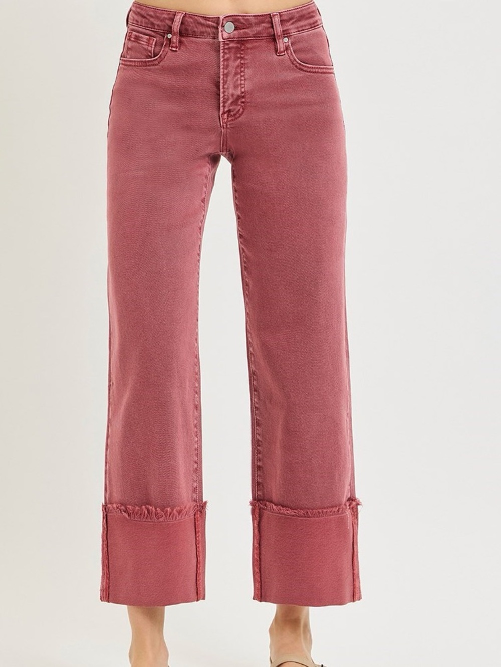 245. RISEN Brick Red Tummy Control Mid Rise Crop Wide Leg Cuffed Pants Jeans NEW - Picture 2 of 3